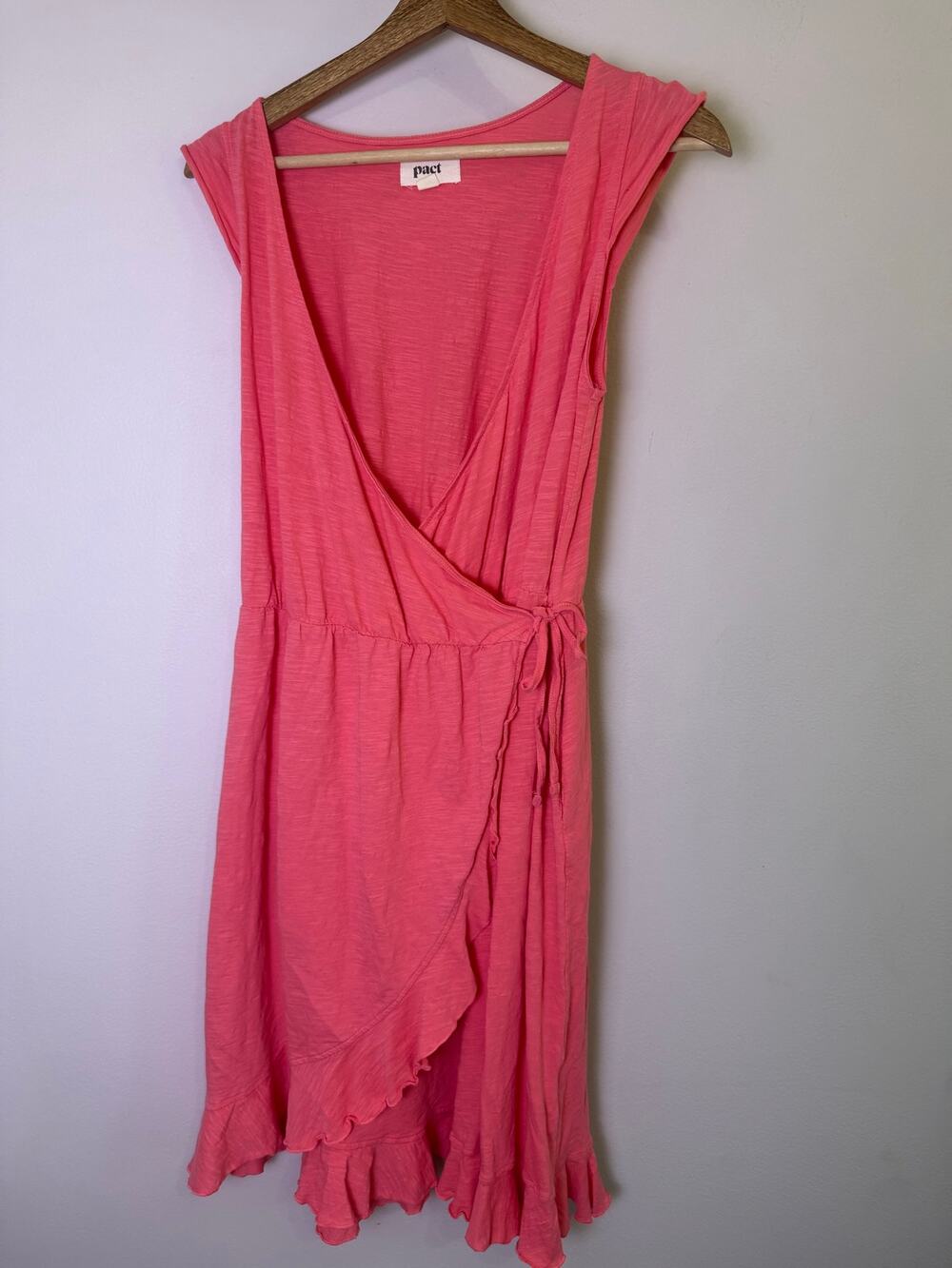PACT Easy Wrap Dress Medium Coral Pink Organic Cotton Ruffle Boho Mini